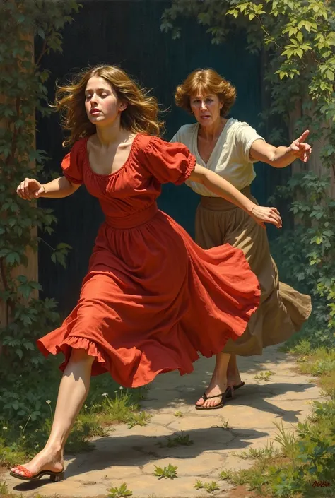 the girl in the red dress who is cutting down the garden runs away, The woman is pointing to the right., face facing to the right. The face looks scared.