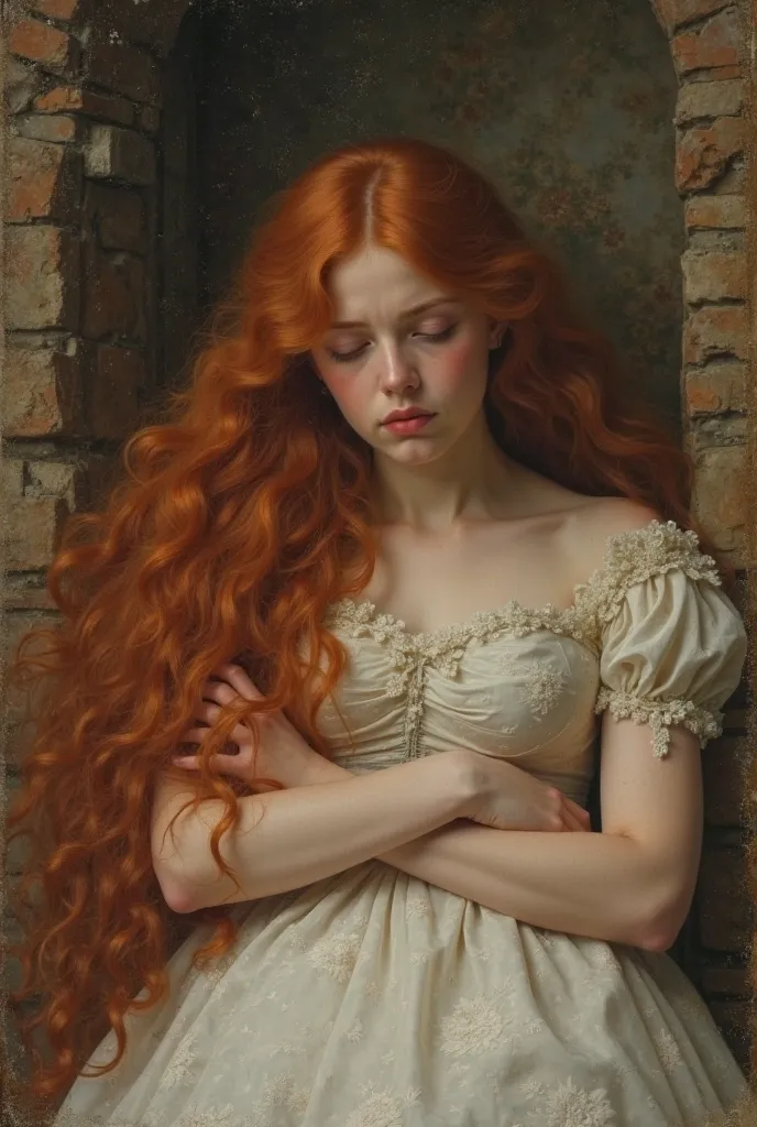 a painting, of a long red-haired crying beautiful pre-raphaelite, maiden in a castle setting, a beautiful dreamy hazy soft vintage toned painting where you can see the brushstrokes, she is crying into her arms, lying down, you cant see her face, a lover gi...