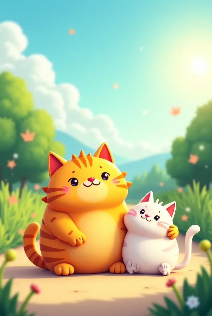 Cartoonic ai chubby cat with white cat in road wether sunny, 8k
