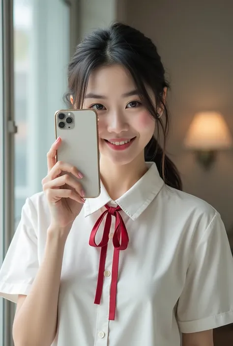 female、 Japanese、 about 20 years old、is smiling、hiding his mouth from the camera with his cell phone、 piece、ponytail、 white collared shirt、 red ribbon、 gray pleated mini skirt、indoors、 dark hair、 real 、 photos、live-action、realistic,hyper detailed,high qual...