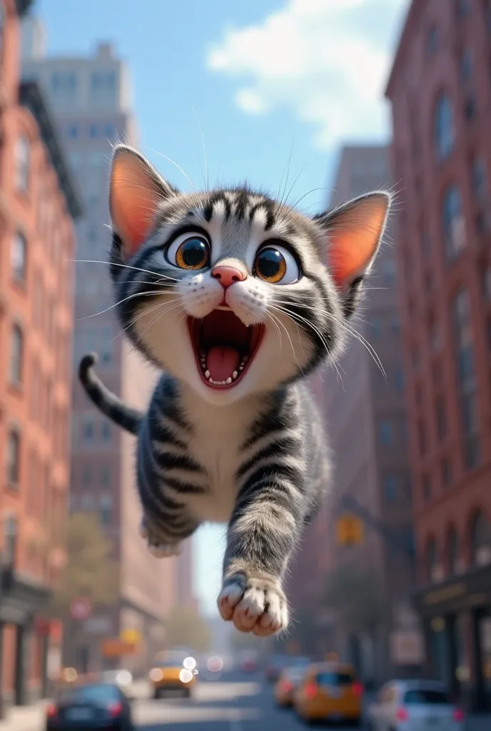 In 3d Pixar animation.
Black and white stripes tabby kitten flying in the air. Expression, shocked 
background New York City,
