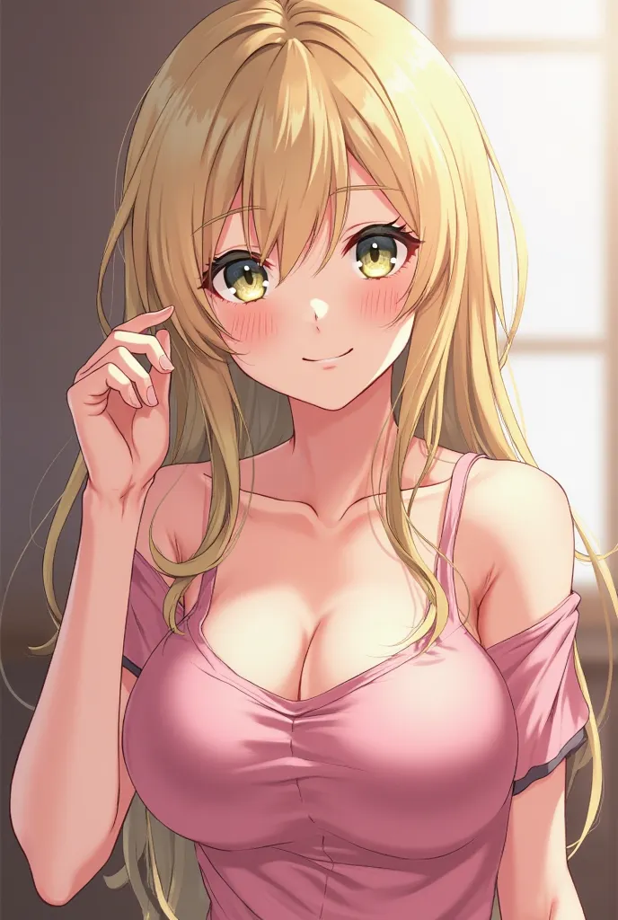 Generate an Anime girl with beautiful face and light blone hair. She is fixing her hair over her ear while sitting at a 60 degree angle with a pink top showing upper side of her breast with a sexy smile.