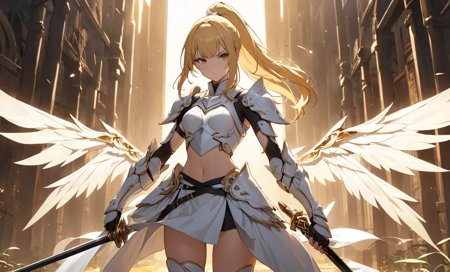 Golden Hair Ponytail Girl，Bangs，Chest， White Armor ， Slim Fit， Bare Waist ，Iron Skirt， Bare Thighs，Cross Sword， stands，maze，female swordsman，Double Wing