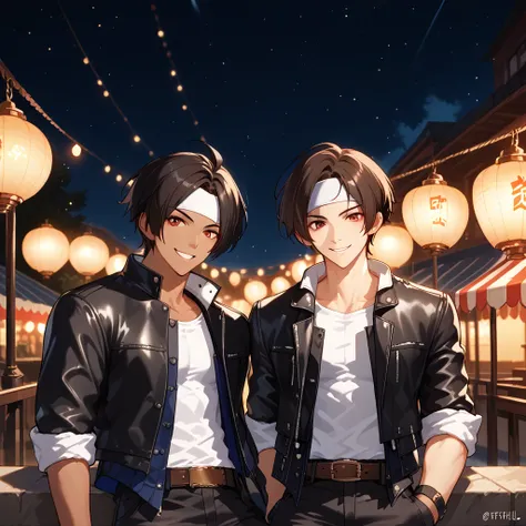 Under the night sky, in an outdoor fair-like atmosphere, a man and a woman sit on a staircase, posing with their fists raised. couple, smiling, cute, shorthair, black hair, red eyes, dark skin, ((black leather jacket with rolled up arms)), open jacket, bla...