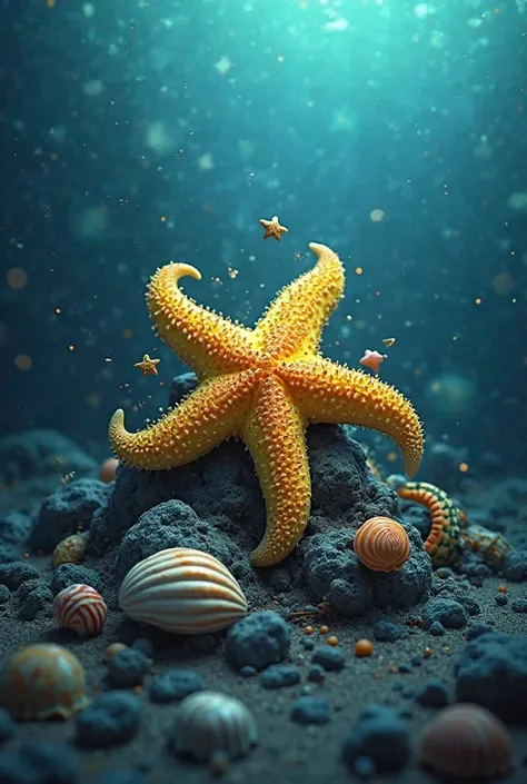 A logo for selling fish called Alfadl Fish is a mobile phone at the bottom of the sea. It is a high-quality three-dimensional sea star. The sea star is yellow, the sea shells are crab 