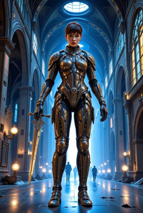 "Imagine a full-body futuristic robot with a beautiful face that reflects the aesthetics of an Asian woman. Her hair is extremely short and styled, giving her a modern and bold feel. She wears a medieval armor with a helmet and intricate engravings that co...