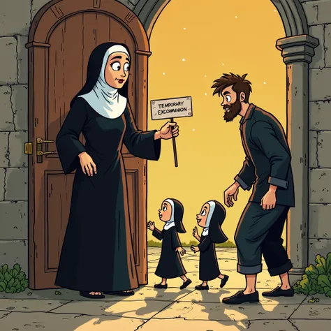 fun animated illustration of vibrant colors big head and small limbs. The silhouette highlighted in black differentiating it from the background. Nun being expelled from the convent by a muscular and handsome God. In the background a sign with classic hand...