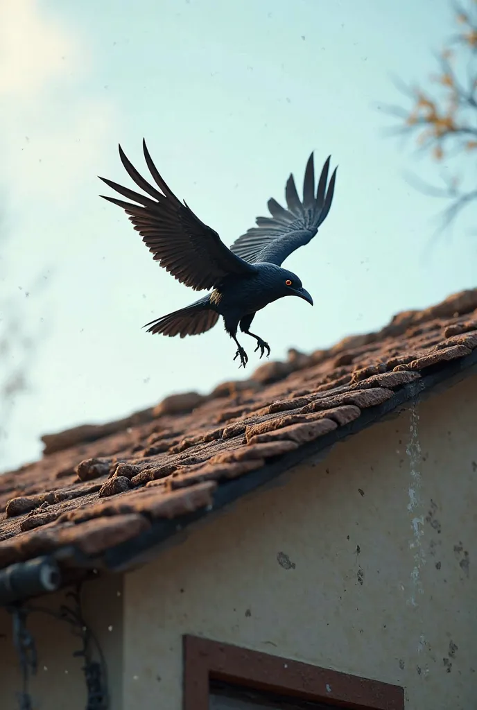 A crow flies on the roof of the house