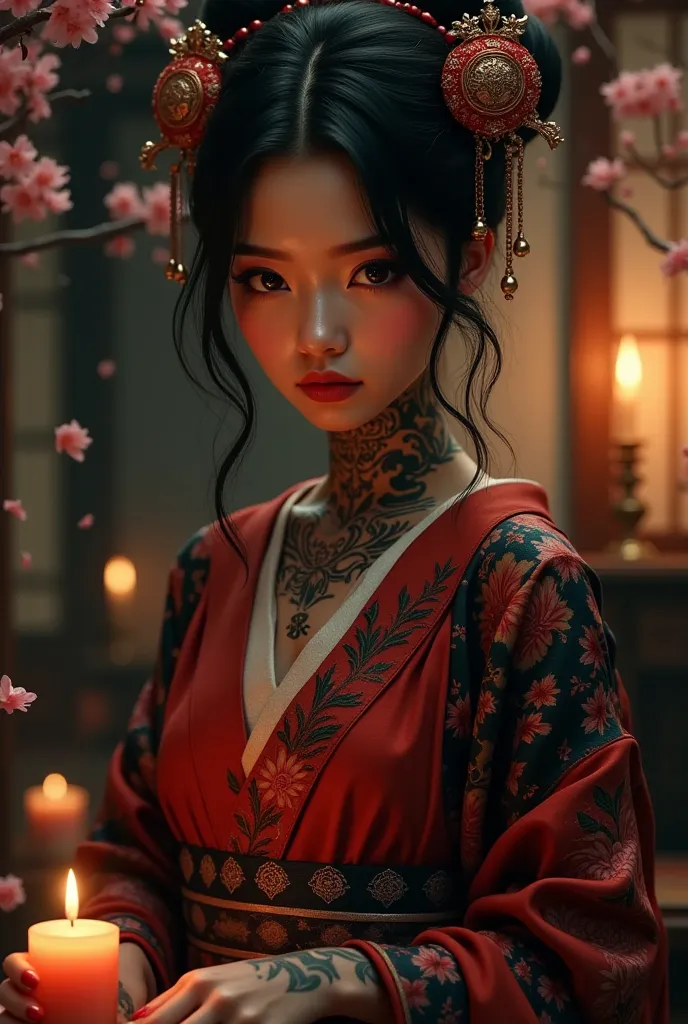 (photorealism:1.2), The Japanese Empress of Shadows, (best quality, 4k, 8k, high res, masterpiece:1.2), ultra-detailed, realistic, intricate Irezumi tattoos, flash photography, traditional ryokan, dim candlelight, bold red and black kimono, dramatic lighti...