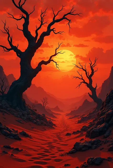 Picture of a red desert with black trees 