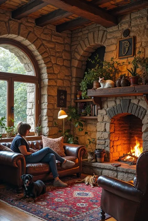 Here's the refined prompt with the dark brown leather sofa specification:

"A cozy bohemian stone living room interior, centered around a grand rustic stone fireplace with a crackling fire, shot in warm ambient lighting, rich color palette --ar 16:9 --styl...