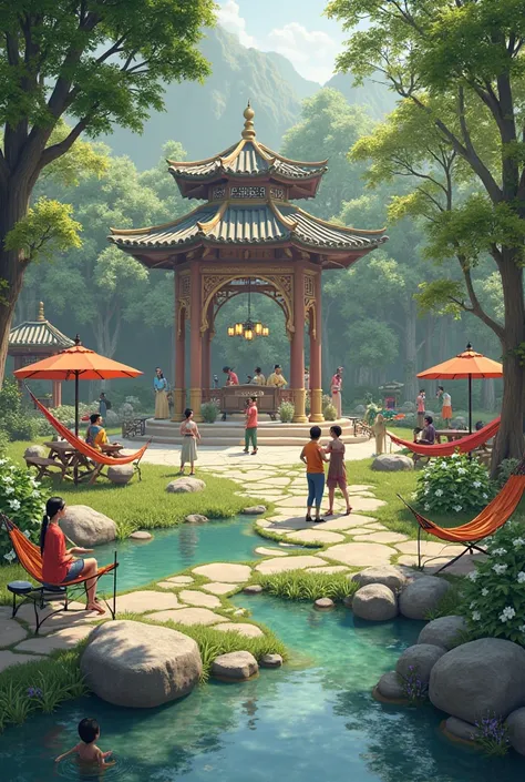 Create an image of a garden with a Japanese pond, an Indian hookah tent, picnic area and archery,  hammocks to relax in the shade, and a gazebo where you can do painting or sculpture