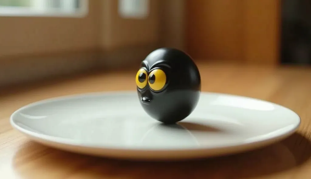 The black anthropomorphic olive slowly moves toward the edge of the white ceramic plate. The camera focuses on the olive’s large yellow eyes, which reflect determination. As it rolls, the plate tilts slightly, and the olive begins to roll down the edge, bu...