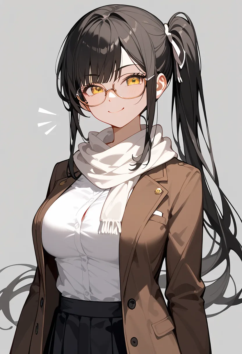 Anime,2D, alone,girl, black hair, horse hair , long hair,ปลาย black hair, golden eyes,ปลาย black hair,cute, complete,big breasts,Emotionless,wearing glasses,,big breasts,,cute,Black suit, Brown Jacket, student,,เด็กstudent,, Slim ,Tall,Fierce face,Gray Bac...