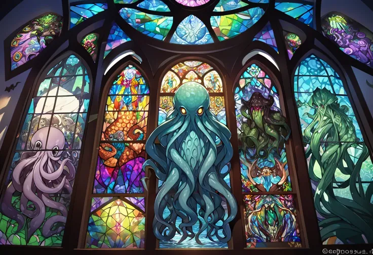 a close up of a  stained glass picture of an octopus,  Cthulhu squid,  stained glass art, Cephalopods ,  Lovecraft sea creature , leviathan  Cthulhu squid, Octopus Goddess, intricate  stained glass,  stained glass!!,  stained glass window!!!!!, photo of  C...