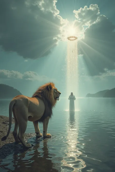 32k Ultra HD, Very sharp , ultra realistic, image of an impeccable lion, realistic photo, Professional light photo, impeccable paws, On the lake shore and in the reflection instead of being the lion it's Jesus, crown of thorns, Small crown of thorns, a lio...