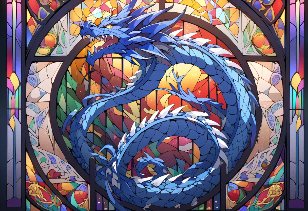 a  stained glass dragon with a colorful background,  stained glass art,  fire stain glass  ,  stained glass,  stained glass!!,  stained glass, intricate  stained glass, glowing  stained glass backdrop, Dragon Art,  stained glass style, backlit  stained gla...