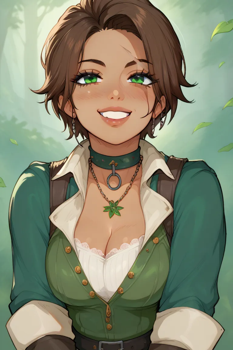 1 girl, medium breasts, toned body, rogue, jacket, short hair, brunnete skin, practical medieval clothes, slave, tanned skin, green eyes, brown hair, cleavage shirt, white shirt, hunter green breeches, hunter green jacket, sensual smile, choker, scar on ne...