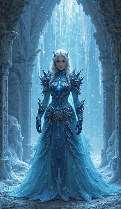 Princess Elsa is a Ice/Paladin that her armor is mage from dark ice, inside an hidden base. She is looking at the viewer.