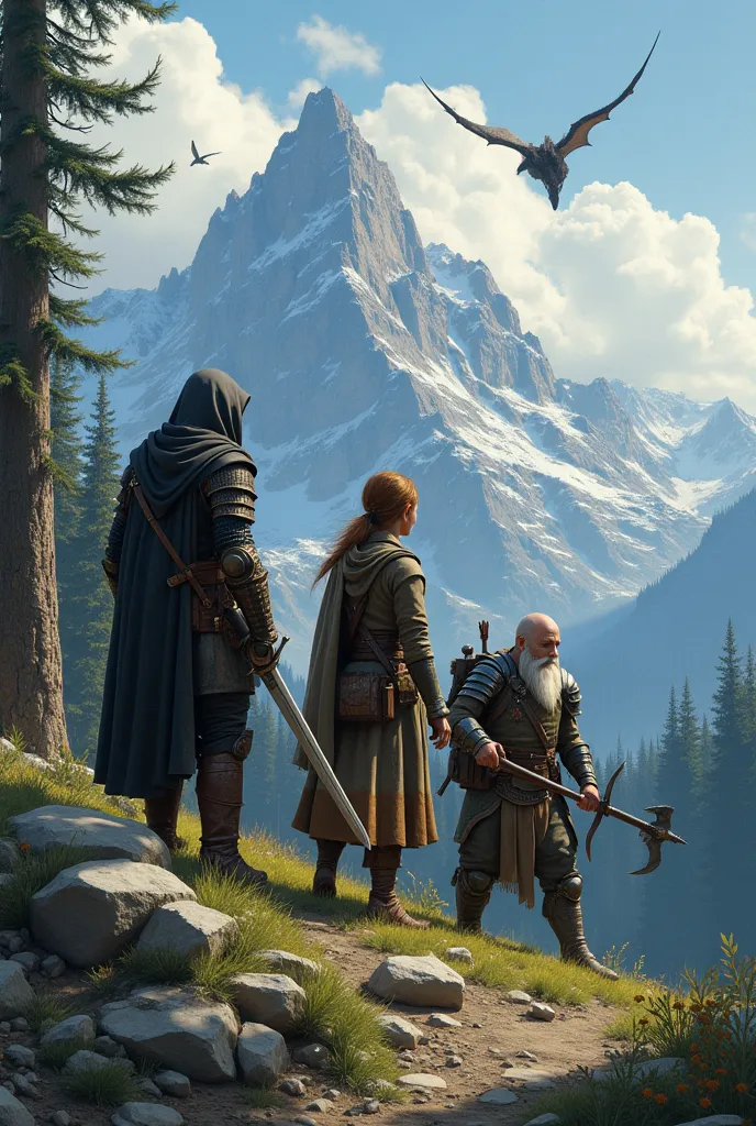 generate a realistic detailed picture of 3 characters and one dog, the first character is a male human thief with a long sword in one hand, some keys in the other, he is wearing leather armor and hood on his head. the second character is a female elf druid...