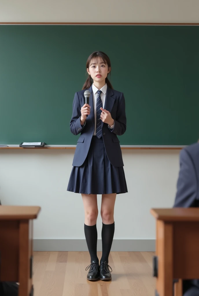 a high school girl in uniform standing in the classroom、and the background is a gray wall、There is also a floor。poses with a microphone but no microphone。