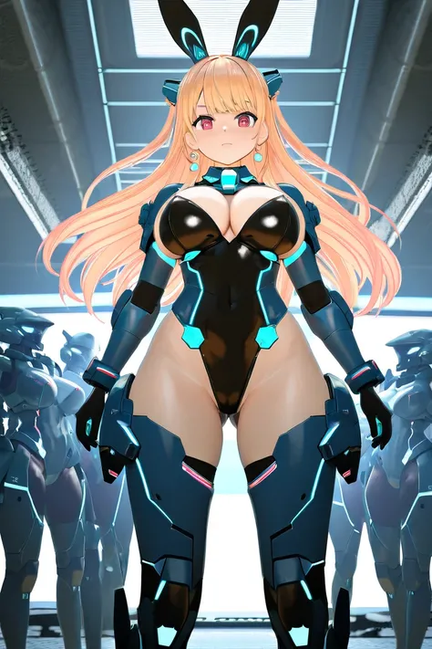 anime style, 1girl, loli, big breasts, voluptuous, mecha musume, armored leotard, bunnysuit, battlesuit, 3d, nsfw, high resolution, high quality, hd