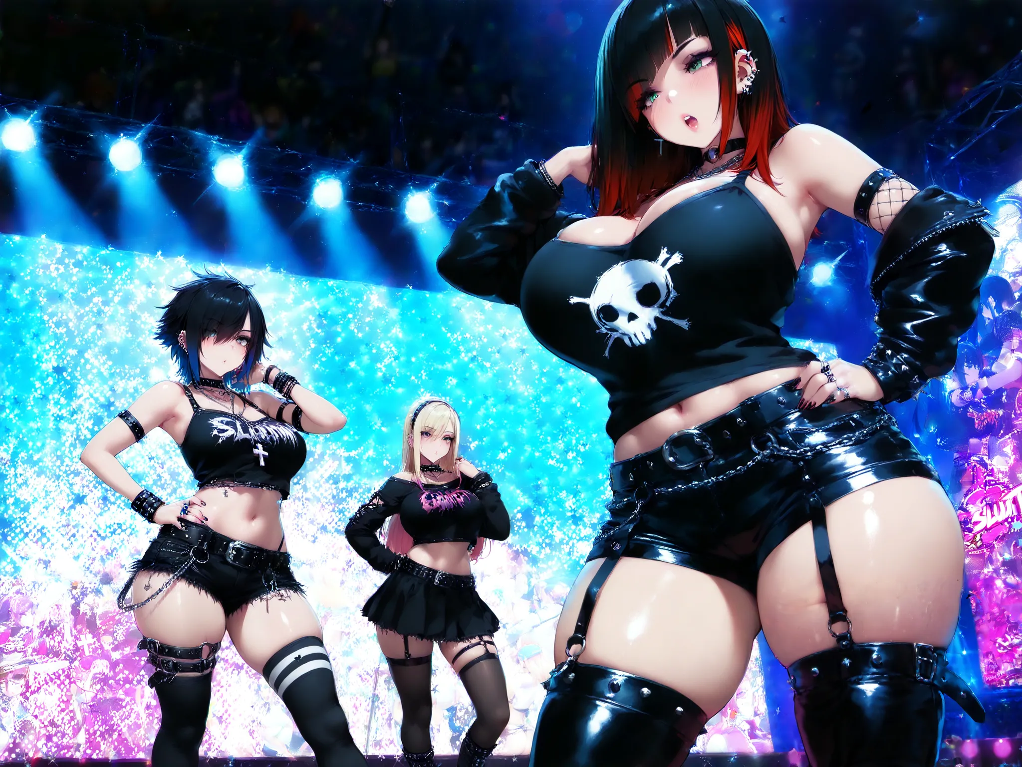 slutty, giant tits, giant hips, punk, piercings, night, on stage, multiple girls, band, action, 10 girls, dance, alt, emo, slutty outfit, chains, crosses, rings