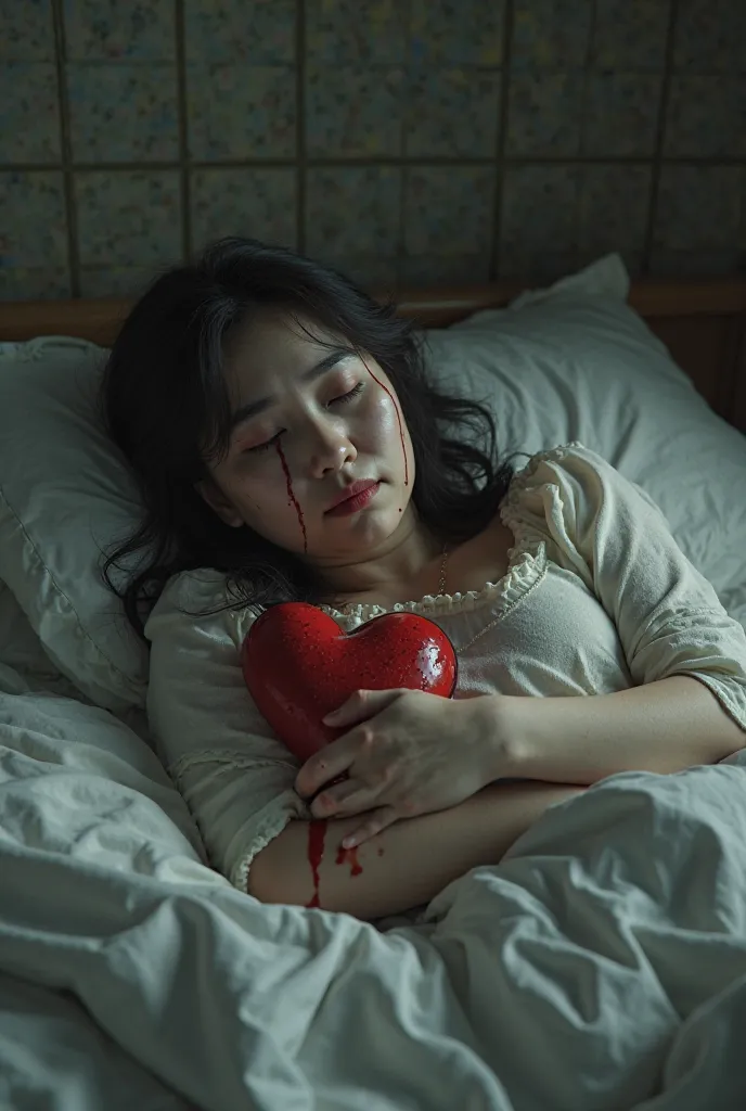 Give me a picture of a modestly dressed woman sleeping in bed and her heart is dripping with broken blood and tears are running and her soul has left her body 