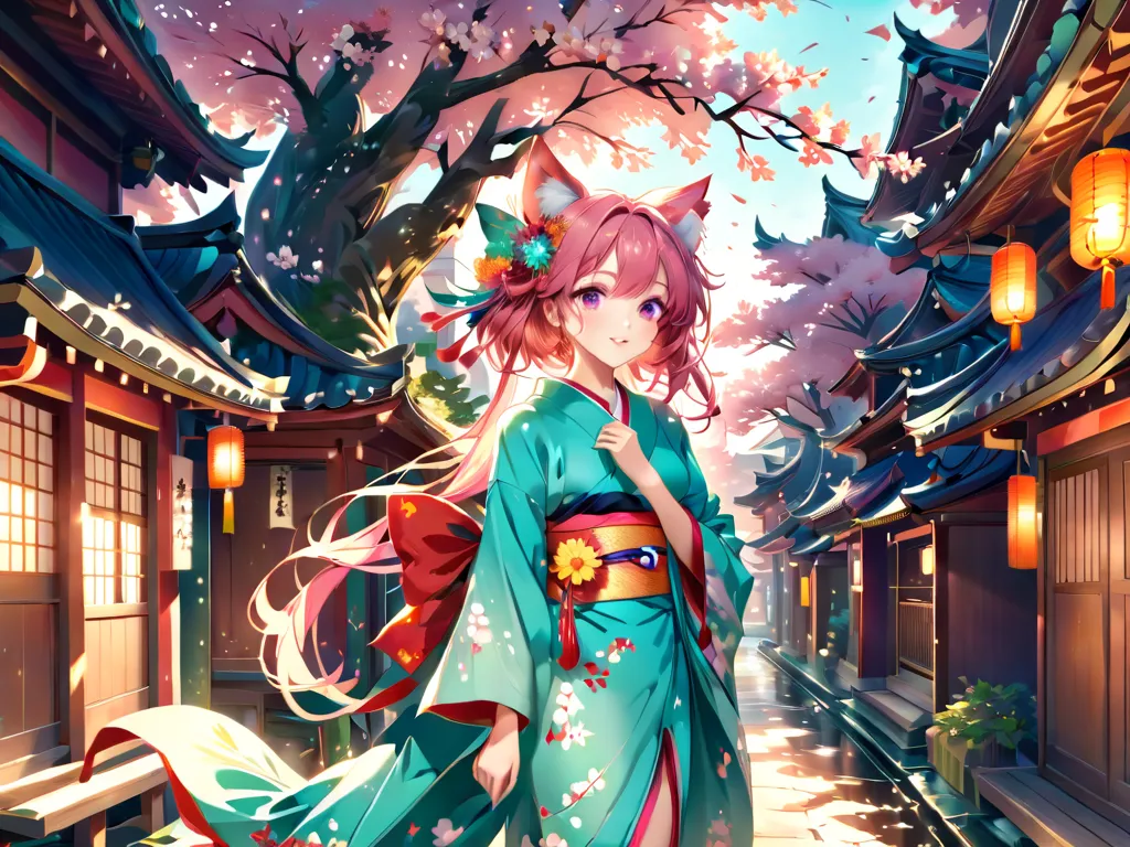 (full body:1.3), An anime-style illustration of a beautiful girl with big, expressive eyes and flowing, detailed hair. A girl with pink bob hair and cat ears and violet eyes. She wears a traditional kimono with intricate floral patterns, standing under a g...