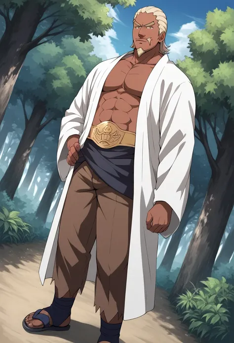 score_9, score_8_up, score_7_up, source_anime,
fourthraikage, fourth raikage, male focus, dark skin, facial hair, dark-skinned male, beard, goatee,
hat, sandals, robe, white robe, pants, brown pants,
outdoors, nature, forest,
looking at viewer, dutch angle...