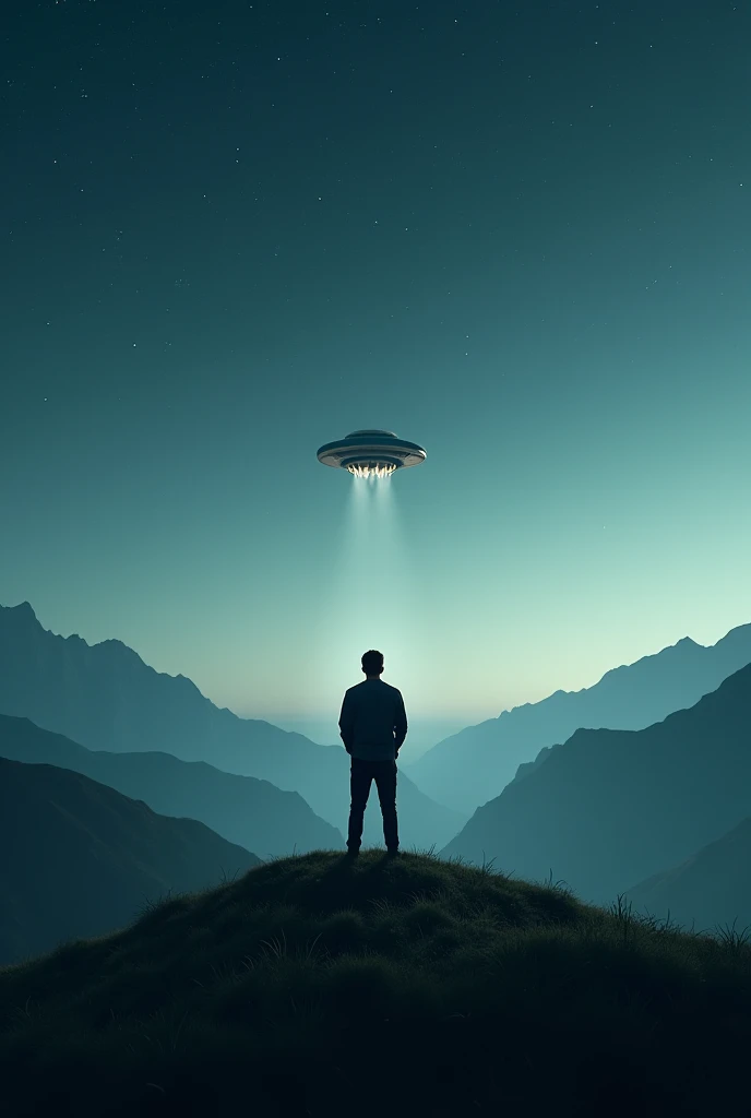 A man standing with hill top at dark night with space ship 