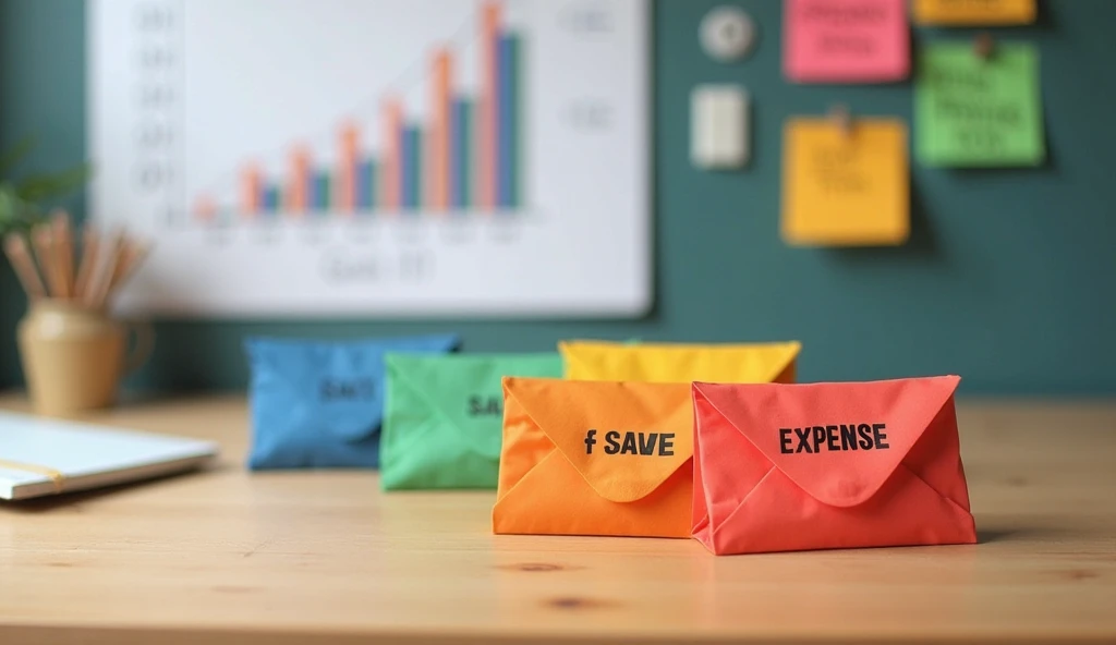 A table with several colorful envelopes labeled with different expense categories, representing the Japanese method of saving. In the background, a board with a financial graph and sticky notes with handwritten goals. The environment conveys organization a...