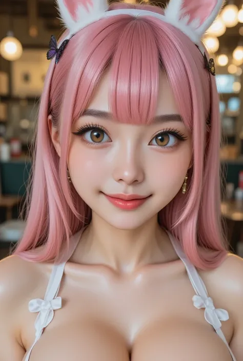 girls,pink hair,butterfly hair ornament,(naked:1.3),bunny latex costumewhite apron,large breasts,cleavage,thighs,cafe background,(blushing:1.3),(best quality,4k,8k,highres,masterpiece:1.2),ultra-detailed,(realistic,photorealistic,photo-realistic:1.37),port...