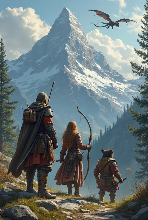 generate a realistic detailed picture of 3 characters and one dog, the first character is a male human thief with a long sword in one hand, some keys in the other, he is wearing leather armor and hood on his head. the second character is a female elf druid...