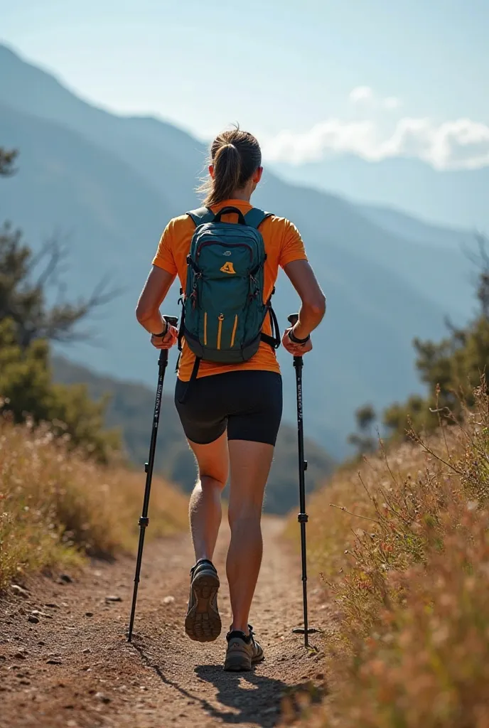 A mountain runner, using two trekking poles and a hydration backpack.  

Seek sponsorship through an image running on the highways of the Serra Mantiqueira from the Ultramarathon of Angels International.

With the Golden Wings in the Sky logo.