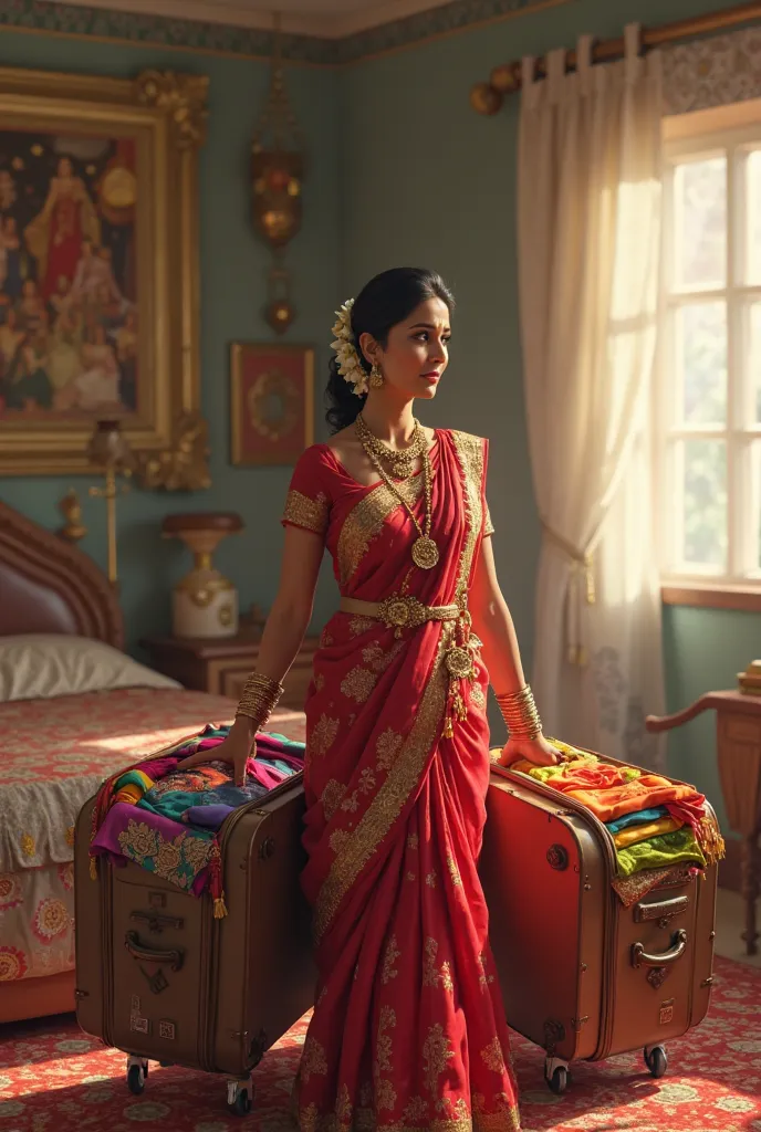 Shama, a beautiful married woman with an elegant aura, enters the room carrying large suitcases filled with clothes. She is dressed in a rich, deep red saree with gold embroidery, the fabric shimmering in the light. Her dark hair is neatly styled in an int...