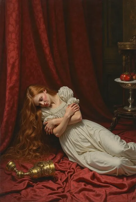 a painting, of a long auburn-haired crying beautiful pre-raphaelite, maiden in a castle setting, a beautiful dreamy hazy soft vintage toned painting where you can see the brushstrokes, she is crying into her arms, lying down, you cant see her face, a lover...