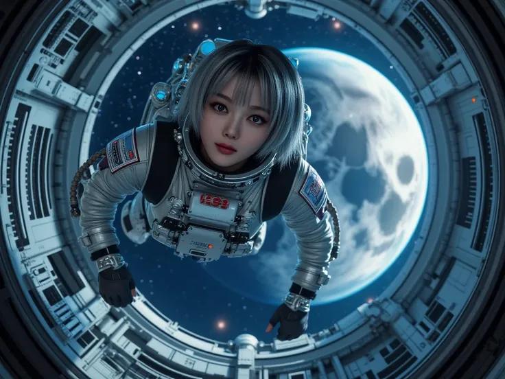 Astronaut wearing high tech and futuristic gear, sky diving in  a space station,planet earth and moon appears in background, full of bright stars, magical view , photo realistic, 8k quality, dreamy atmosphere , her eyes show sign of loneliness and hope,sil...