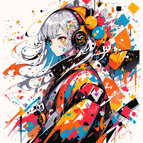 mask、 Silver Hair、masterpiece, Highest quality, female、Boombox、Plumber、Jumpsuit、。solo,  (Doodle:1.5),  paint splatter, , Body Paint,Colorful hair, golden eyes,  Headset On Head,rainbow、 splash 、colorful、 face paint、clothes、One Piece