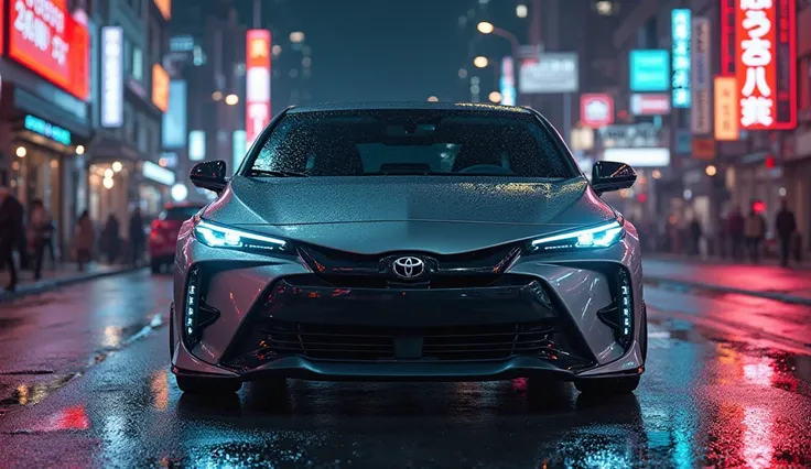 "A hyper-realistic, 4K image of the 2025 Toyota Prius parked on a wet city street at night, surrounded by neon signs reflecting off the pavement. The car's sleek, aerodynamic design is enhanced by the moody ambiance, with streetlights and distant skyscrape...