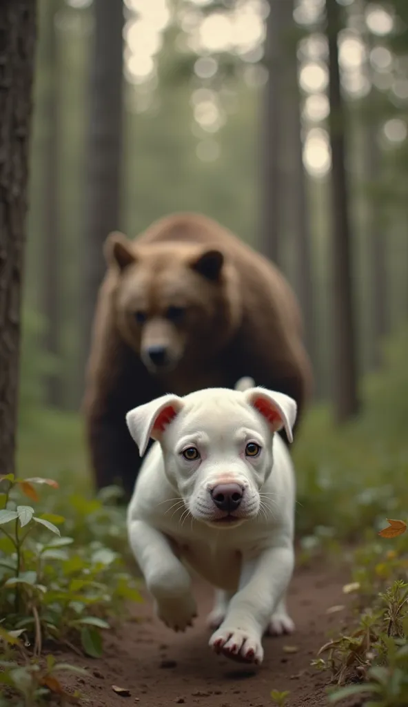 A Pit Bull puppy, white color, with big eyes and an expression of fear, Sad and scared , running through a forest, while a realistic bear follows it closely. The soft lighting crosses the trees, creating a contrast between imminent danger and the dog's inn...