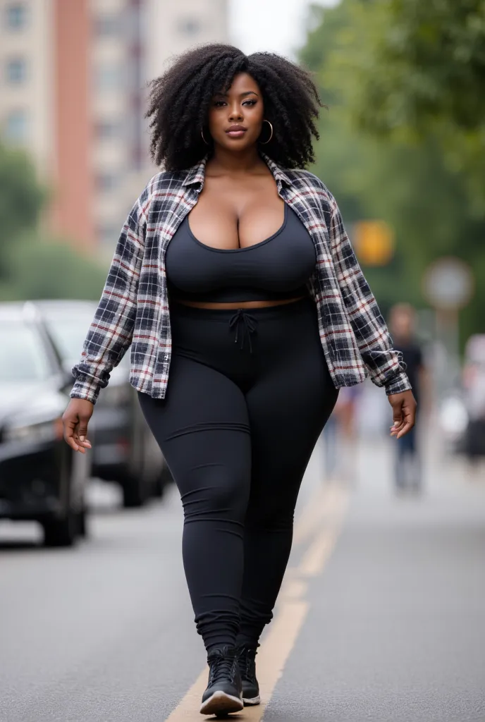 A black woman with curly hair, hair, Slim woman ((Average body 1.5)), walking on the street, wearing cool clothes ((Open plaid shirt + tank top + jogger pants)), full body view. ((Huge breasts)), ((Very large breasts 1.6)), ((Extra large breasts 1.8)), Hug...