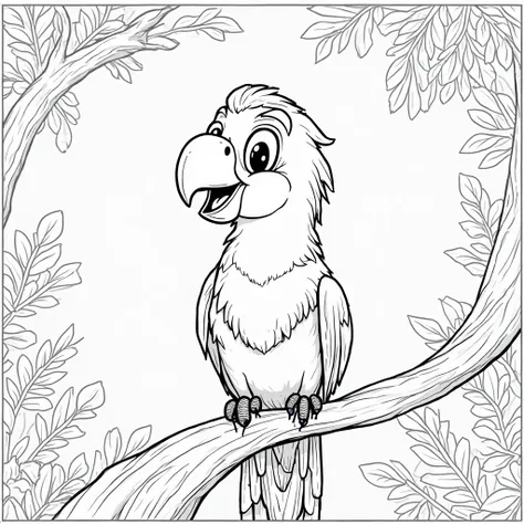 Cartoon cartoon drawing, black and white for coloring, a parrot ON A TREE BRANCH with some foliage in the background
