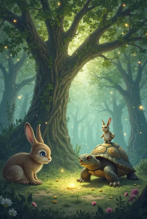 Now show the rabbit arriving, looking shocked while the turtle calmly makes his wish. Add a glowing light effect as the magical tree grants the wish."