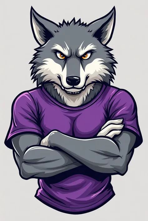 I want a Cartoon Serious Wolf mascot with the purple shirt with arms crossed for an e-Sports logo 