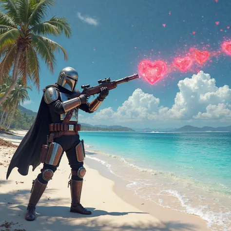 The Mandalorian on a paradisiacal beach, shooting and several hearts coming out of the gun.