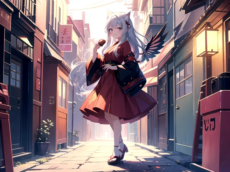 Japanese anime style. Standing on a street corner, she is a moe-cute cat-ear clad in red and black. She is handing out chocolates on Valentine's Day. The camera zooms in on her synchronized movements, showing the intricate details of her costume. Her beaut...