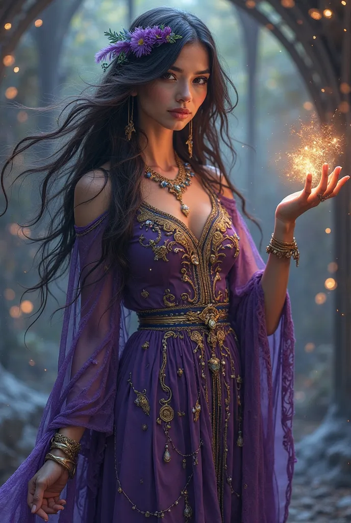 Create an image of a captivating and mystical woman embodying the energy of Tarot. She should be dressed in elaborate, flowing robes that reflect a blend of deep purples, golds, and mystical blues, with intricate, symbolic designs. Her eyes should sparkle ...