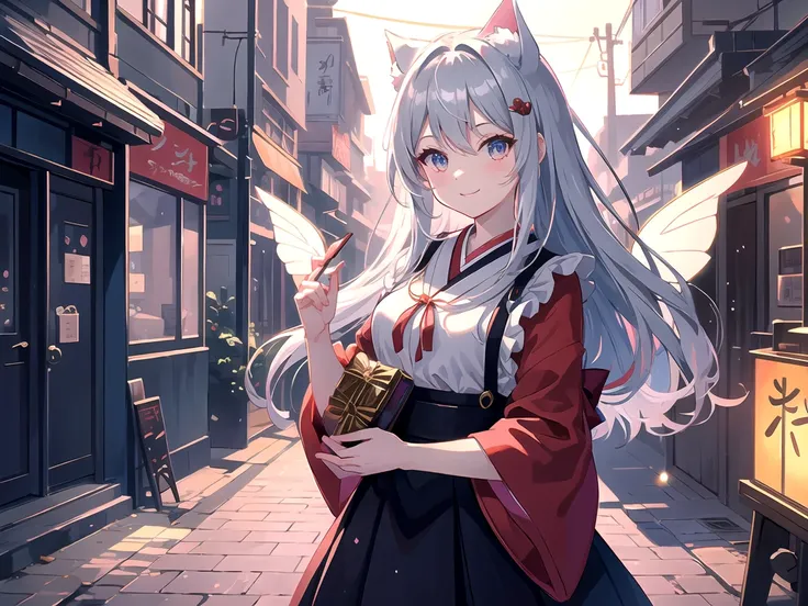 Japanese anime style. Standing on a street corner, she is a moe-cute cat-ear clad in red and black. She is handing out chocolates on Valentine's Day. The camera zooms in on her synchronized movements, showing the intricate details of her costume. Her beaut...