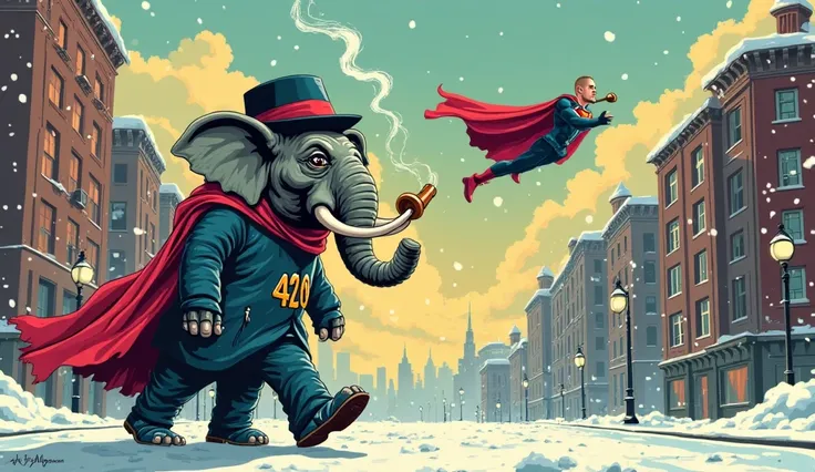 An elephant in a hat and coat with the 420 logo walks through a snowy city and smokes a pipe, bald Superman is flying in the sky,  pop art style 